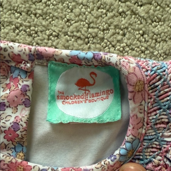 Smocked Baby girl bubble Romper with Ruffle Collar - Picture 2 of 4